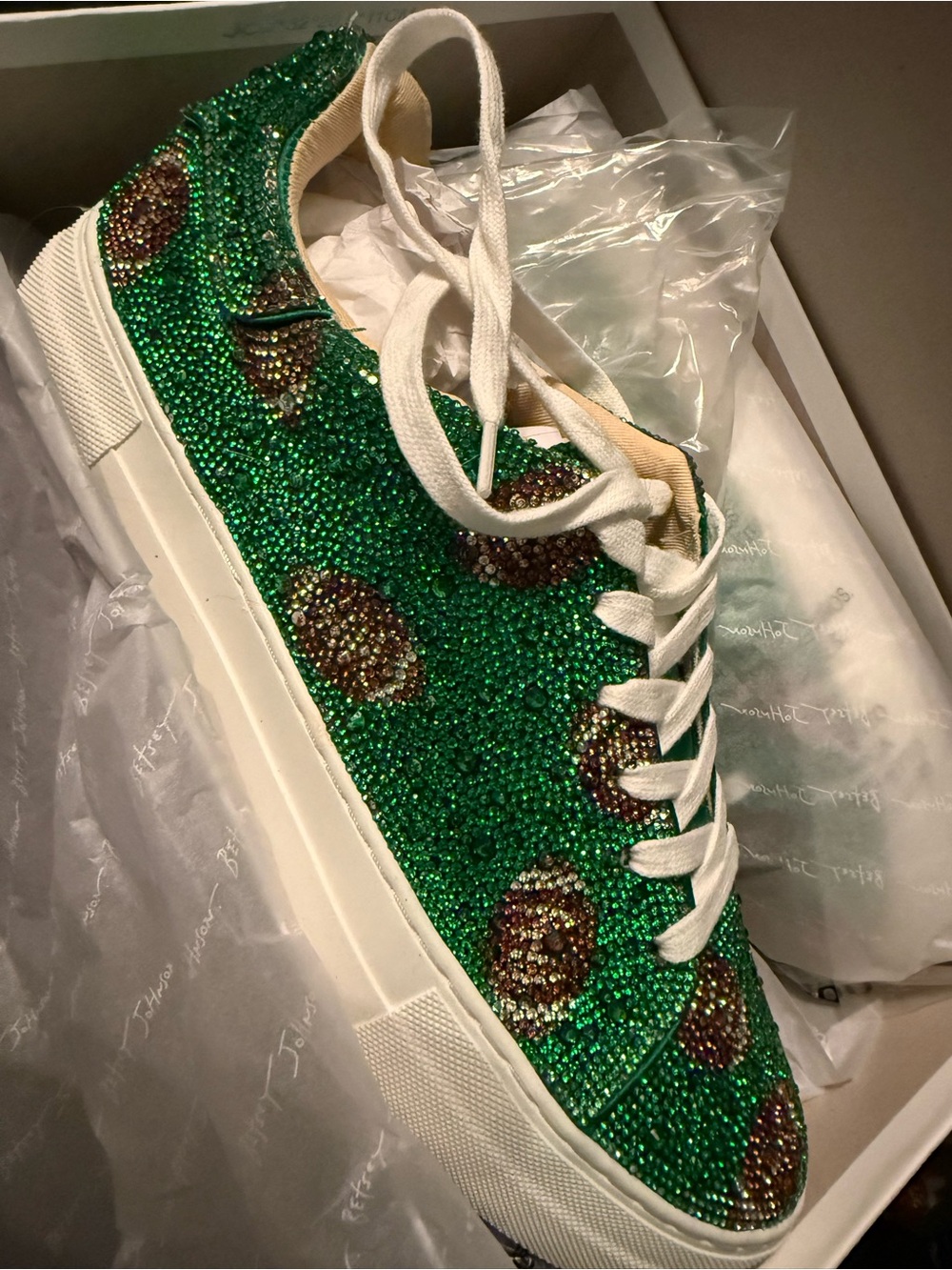 Betsey Johnson Green Crystal Sneaker with Brown Accents